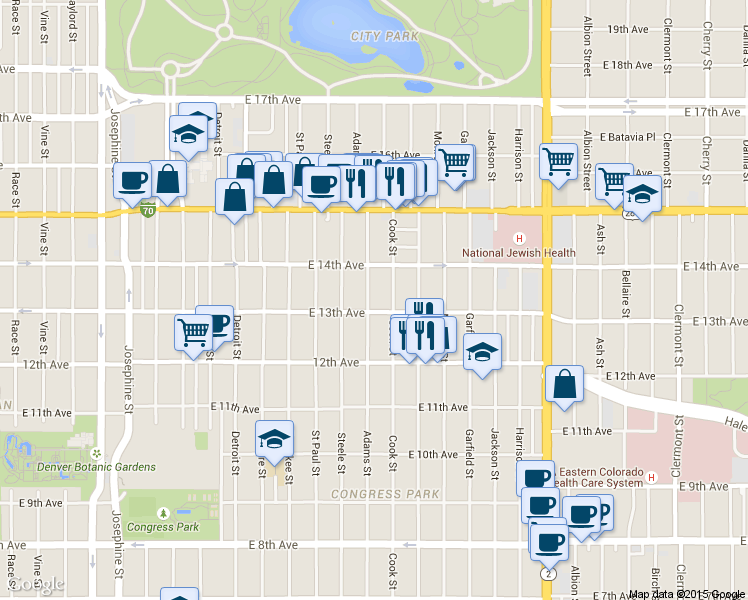 map of restaurants, bars, coffee shops, grocery stores, and more near 1273 Cook Street in Denver