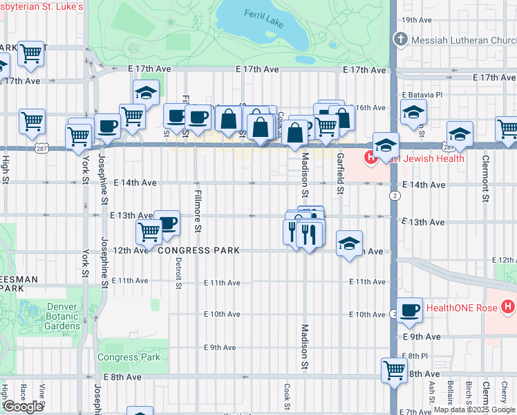 map of restaurants, bars, coffee shops, grocery stores, and more near 1268 Steele Street in Denver