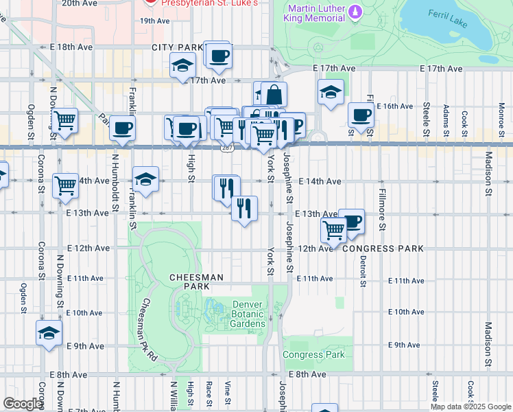 map of restaurants, bars, coffee shops, grocery stores, and more near 1272 North Gaylord Street in Denver