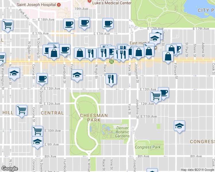 map of restaurants, bars, coffee shops, grocery stores, and more near in Denver