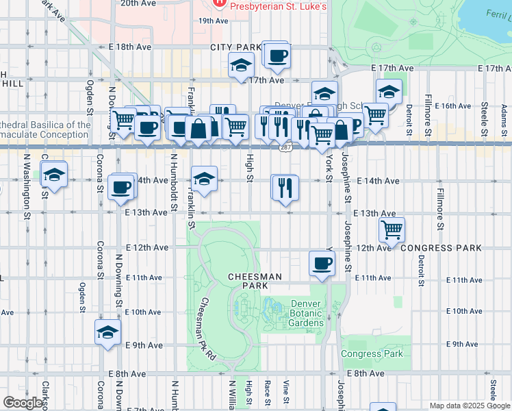 map of restaurants, bars, coffee shops, grocery stores, and more near 1920 East 13th Avenue in Denver