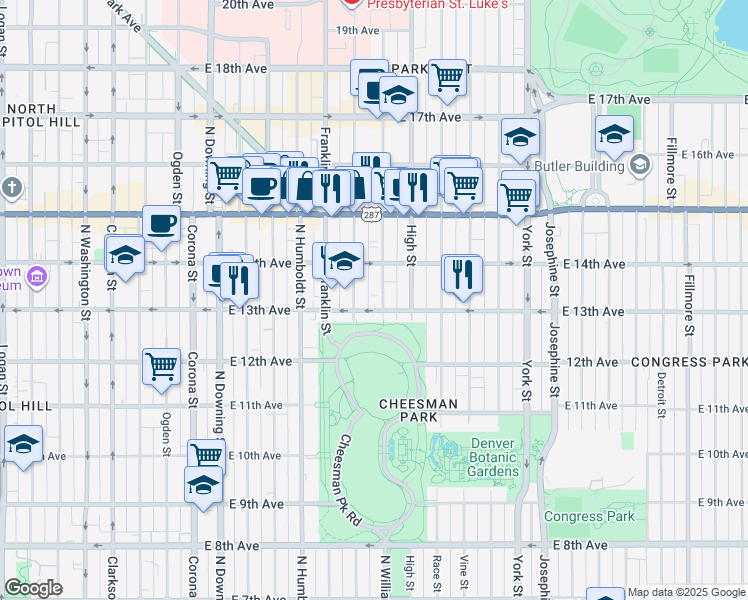 map of restaurants, bars, coffee shops, grocery stores, and more near 1288 Gilpin Street in Denver