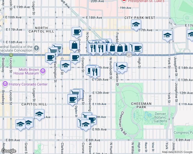map of restaurants, bars, coffee shops, grocery stores, and more near 1270 North Marion Street in Denver