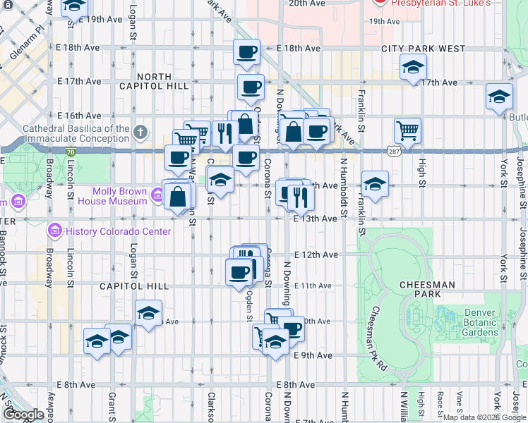 map of restaurants, bars, coffee shops, grocery stores, and more near in Denver