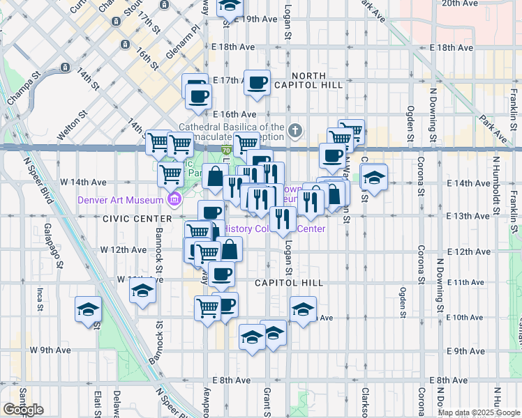map of restaurants, bars, coffee shops, grocery stores, and more near 1264 Grant Street in Denver