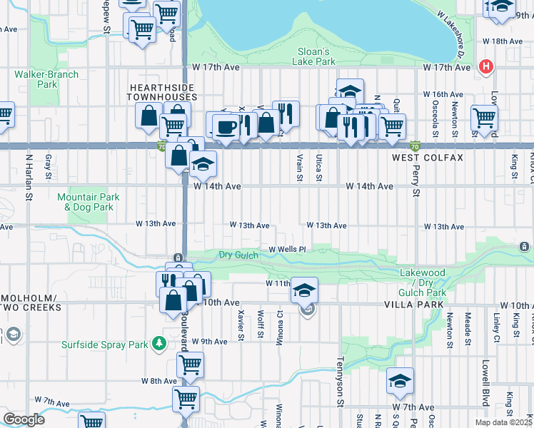map of restaurants, bars, coffee shops, grocery stores, and more near 4708 West 13th Avenue in Denver