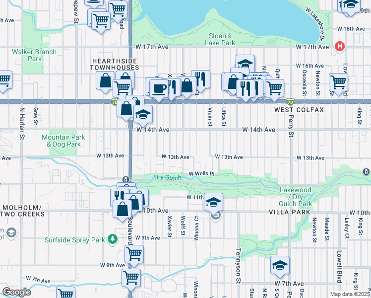 map of restaurants, bars, coffee shops, grocery stores, and more near 4708 West 13th Avenue in Denver