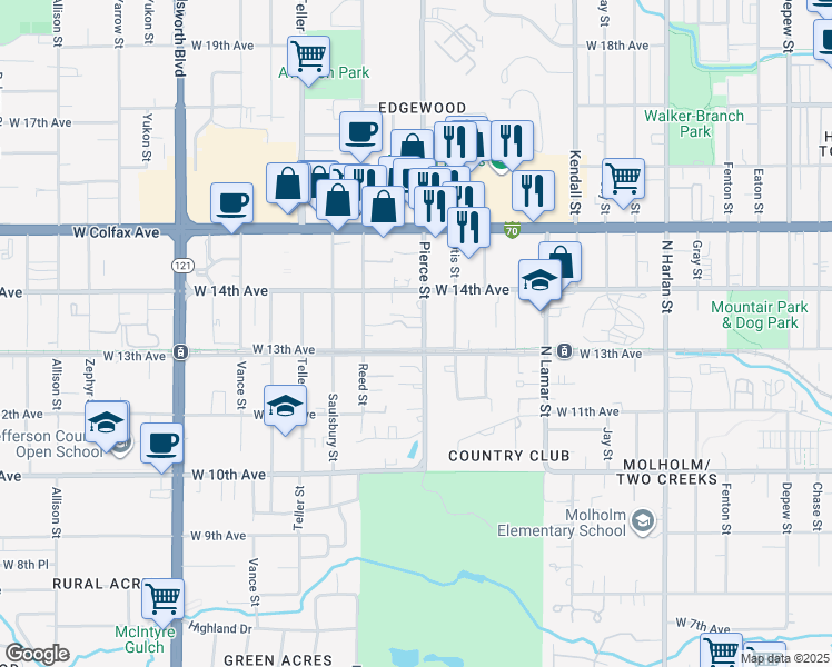 map of restaurants, bars, coffee shops, grocery stores, and more near 1290 Pierce Street in Lakewood