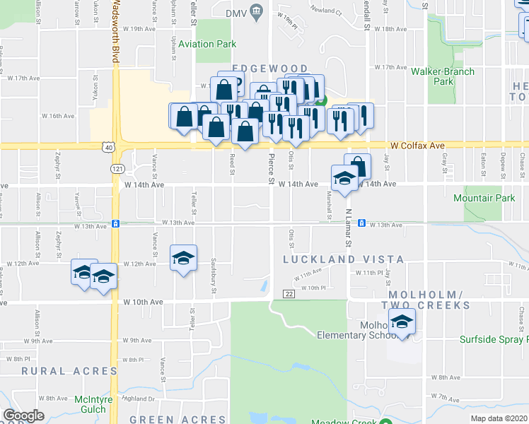 map of restaurants, bars, coffee shops, grocery stores, and more near 1290 Pierce Street in Lakewood