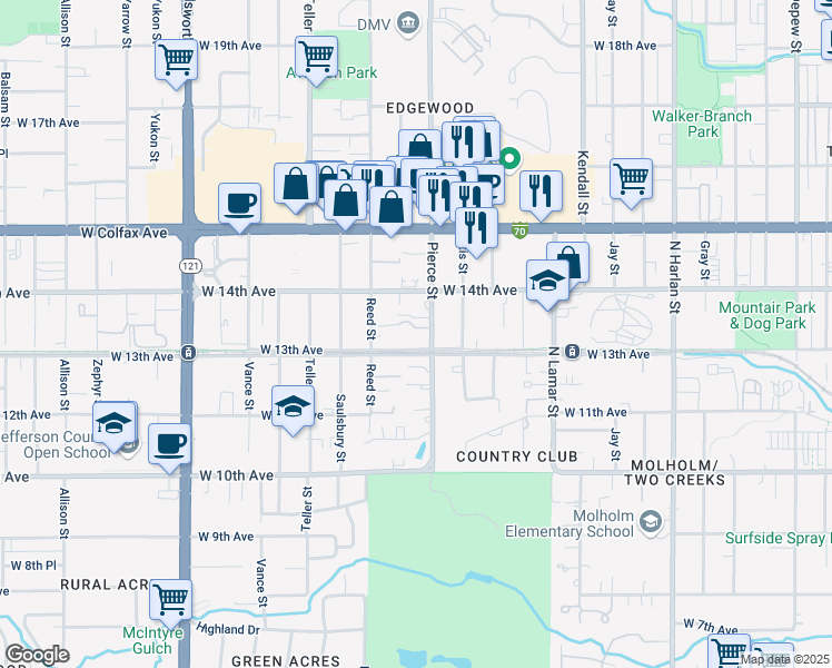 map of restaurants, bars, coffee shops, grocery stores, and more near 1290 Pierce Street in Lakewood