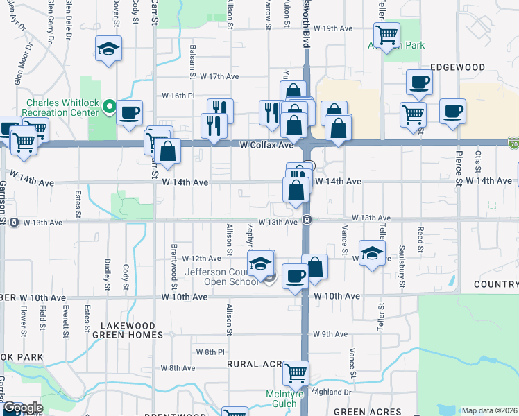 map of restaurants, bars, coffee shops, grocery stores, and more near 7770 West 13th Avenue in Lakewood