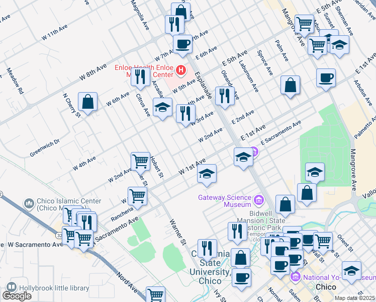 map of restaurants, bars, coffee shops, grocery stores, and more near 306 West 1st Avenue in Chico