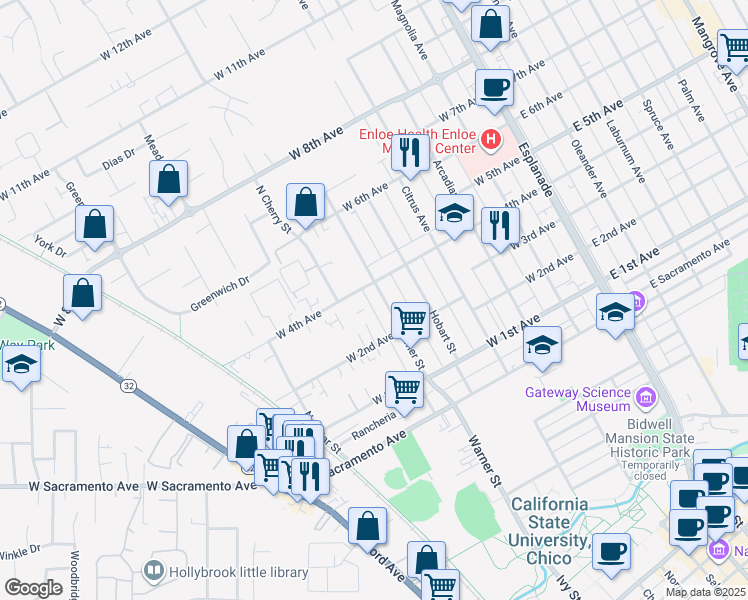 map of restaurants, bars, coffee shops, grocery stores, and more near 614 West 2nd Avenue in Chico