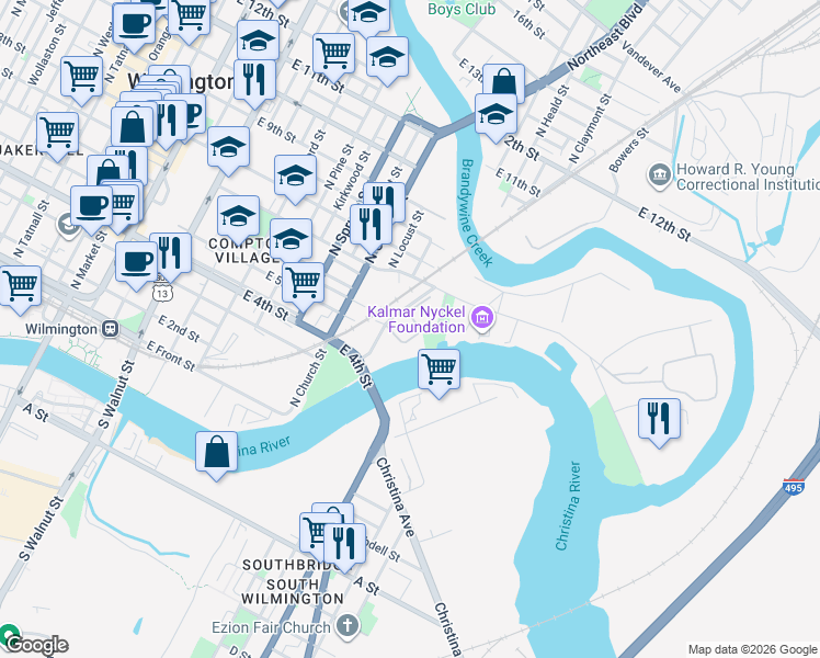 map of restaurants, bars, coffee shops, grocery stores, and more near 400 Swedes Landing Road in Wilmington
