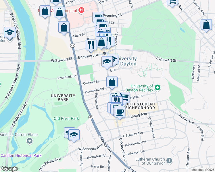 map of restaurants, bars, coffee shops, grocery stores, and more near 1651 Brown Street in Dayton
