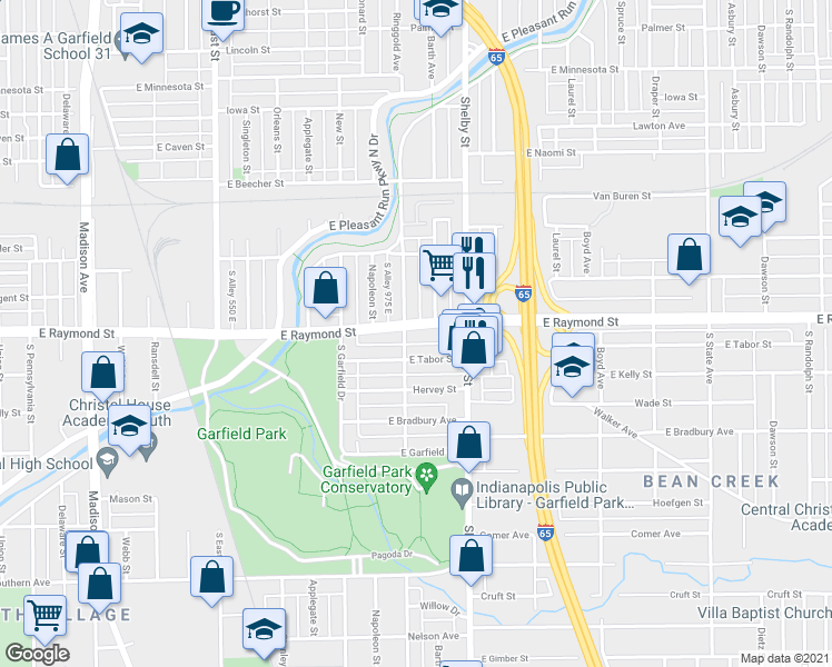 map of restaurants, bars, coffee shops, grocery stores, and more near 1002 East Tabor Street in Indianapolis