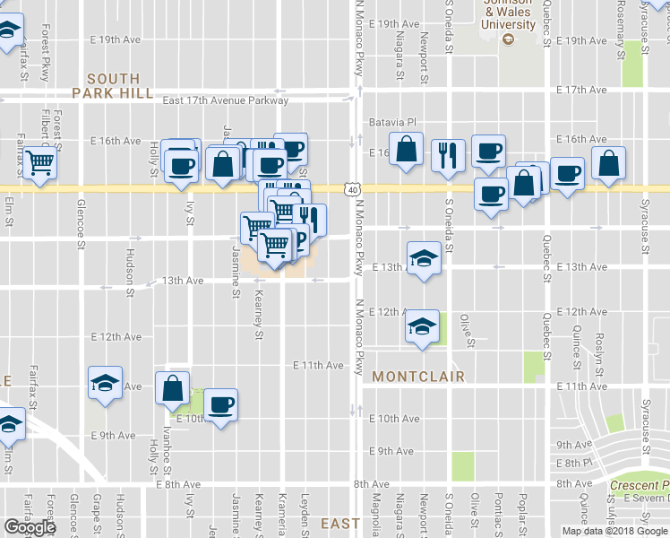 map of restaurants, bars, coffee shops, grocery stores, and more near 1320 North Locust Street in Denver