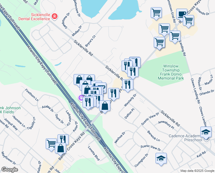 map of restaurants, bars, coffee shops, grocery stores, and more near 86 Farmhouse Road in Sicklerville