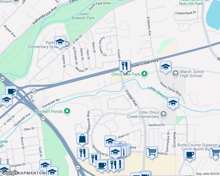 map of restaurants, bars, coffee shops, grocery stores, and more near 51 Skymountain Circle in Chico