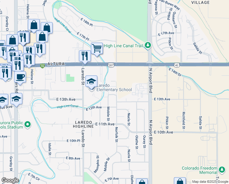 map of restaurants, bars, coffee shops, grocery stores, and more near 16497 East 13th Place in Aurora