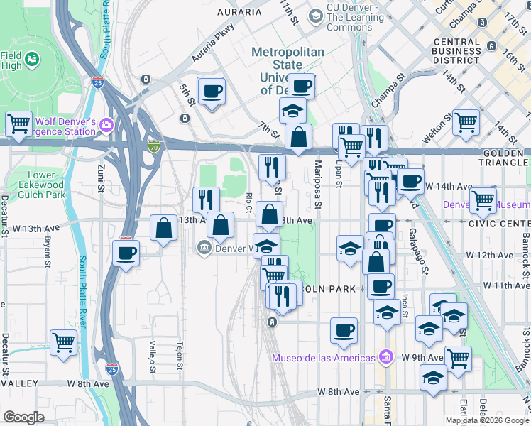 map of restaurants, bars, coffee shops, grocery stores, and more near 1201 Osage Street in Denver