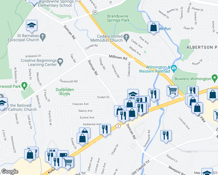 map of restaurants, bars, coffee shops, grocery stores, and more near 2403 Duncan Road in Wilmington