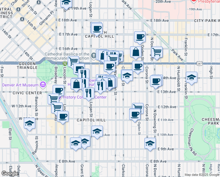 map of restaurants, bars, coffee shops, grocery stores, and more near 1275 North Washington Street in Denver
