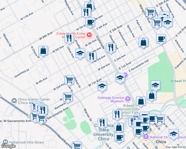 map of restaurants, bars, coffee shops, grocery stores, and more near 1163 Arcadian Avenue in Chico