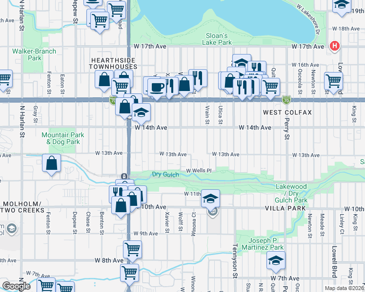 map of restaurants, bars, coffee shops, grocery stores, and more near 4708 West 13th Avenue in Denver