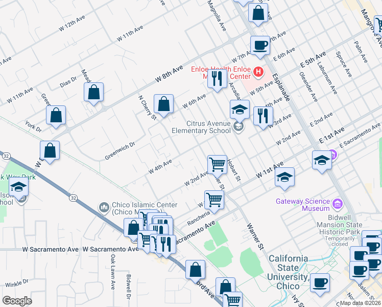 map of restaurants, bars, coffee shops, grocery stores, and more near 643 West 4th Avenue in Chico