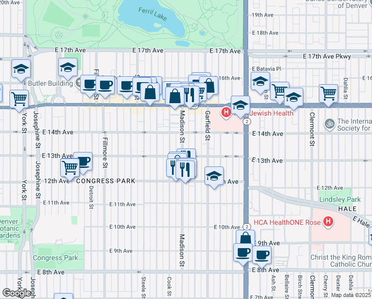 map of restaurants, bars, coffee shops, grocery stores, and more near 1286 Madison Street in Denver