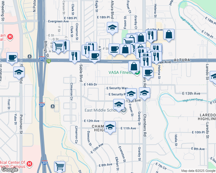 map of restaurants, bars, coffee shops, grocery stores, and more near 14753 East Security Way in Aurora