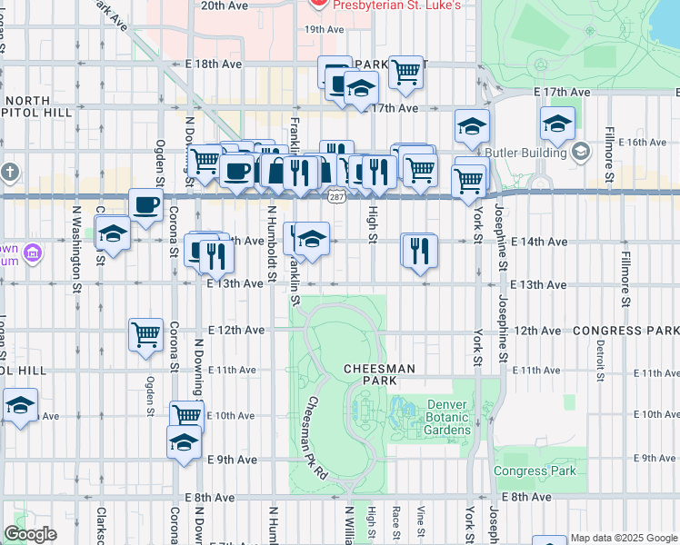 map of restaurants, bars, coffee shops, grocery stores, and more near 1288 Gilpin Street in Denver