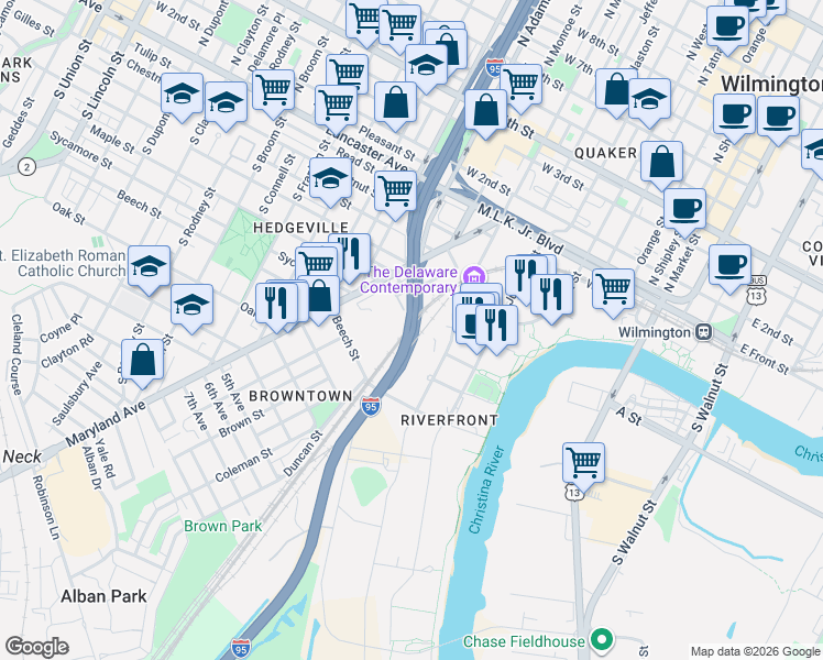 map of restaurants, bars, coffee shops, grocery stores, and more near 199 Linden Street in Wilmington
