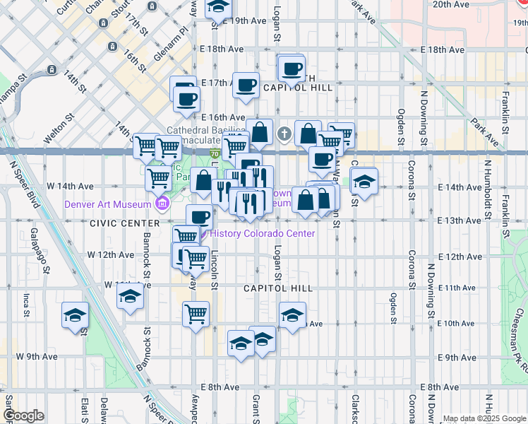map of restaurants, bars, coffee shops, grocery stores, and more near 1350 Grant Street in Denver