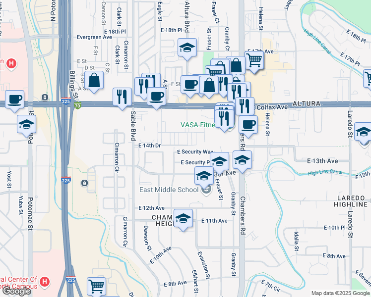map of restaurants, bars, coffee shops, grocery stores, and more near 14753 East Security Way in Aurora