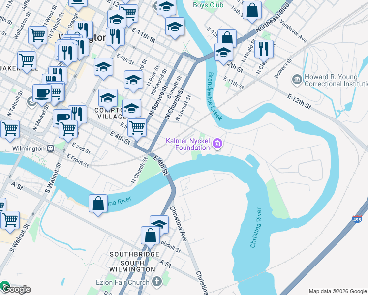 map of restaurants, bars, coffee shops, grocery stores, and more near 500 Swedes Landing Road in Wilmington
