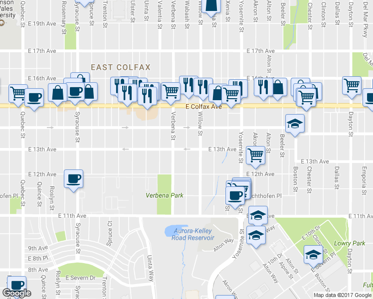 map of restaurants, bars, coffee shops, grocery stores, and more near E 13th Ave & Wabash St in Denver