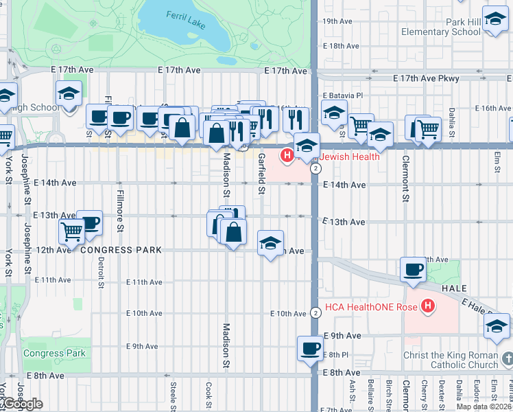 map of restaurants, bars, coffee shops, grocery stores, and more near 1325 Garfield Street in Denver