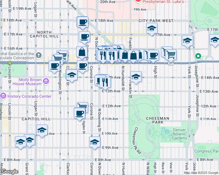 map of restaurants, bars, coffee shops, grocery stores, and more near 1362 North Marion Street in Denver