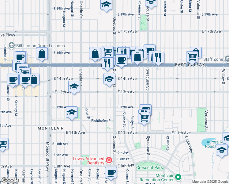 map of restaurants, bars, coffee shops, grocery stores, and more near Quebec St & E 13th Ave in Denver