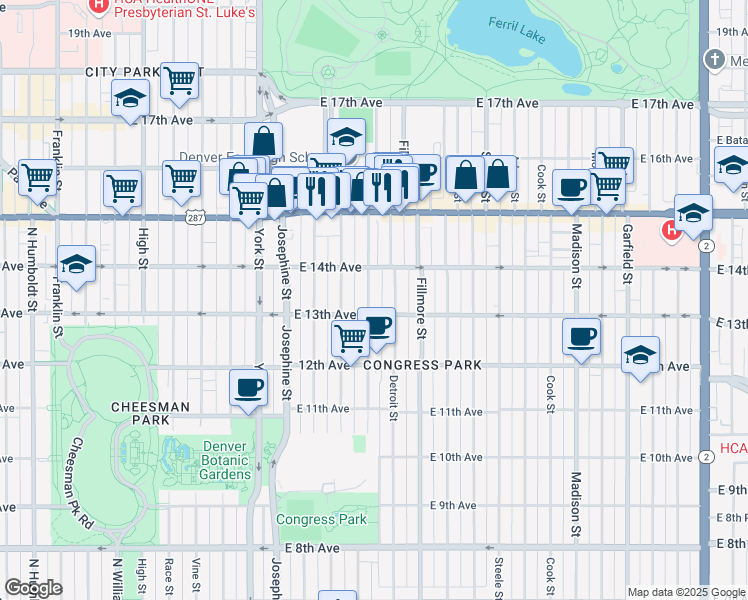 map of restaurants, bars, coffee shops, grocery stores, and more near 1326 Clayton Street in Denver