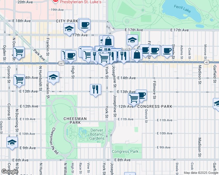 map of restaurants, bars, coffee shops, grocery stores, and more near 1364 York Street in Denver