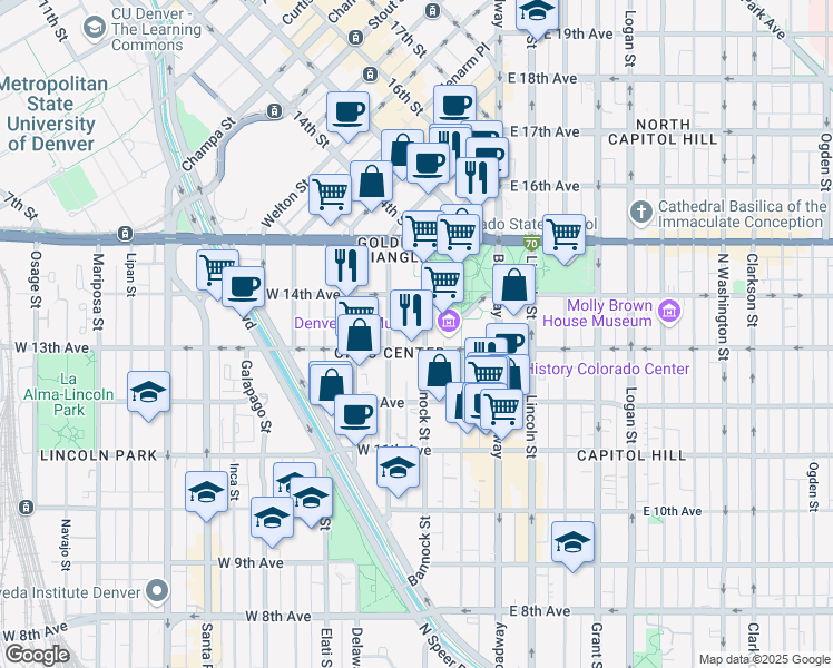 map of restaurants, bars, coffee shops, grocery stores, and more near 200 West 14th Avenue in Denver