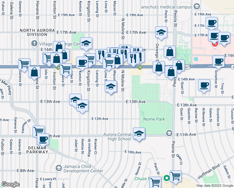map of restaurants, bars, coffee shops, grocery stores, and more near 1334 Macon Street in Aurora