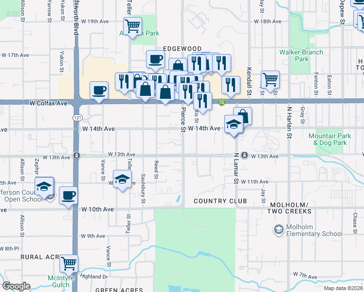 map of restaurants, bars, coffee shops, grocery stores, and more near in Lakewood