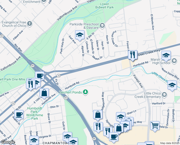 map of restaurants, bars, coffee shops, grocery stores, and more near 1660 Humboldt Road in Chico