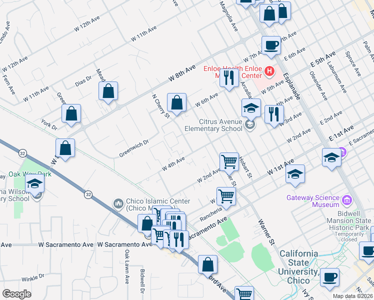 map of restaurants, bars, coffee shops, grocery stores, and more near 1412 North Cherry Street in Chico
