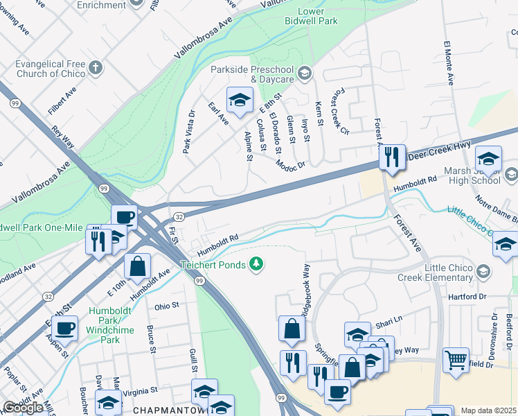 map of restaurants, bars, coffee shops, grocery stores, and more near 1560 Humboldt Road in Chico