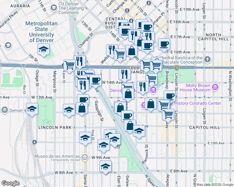 map of restaurants, bars, coffee shops, grocery stores, and more near 1370 Elati Street in Denver